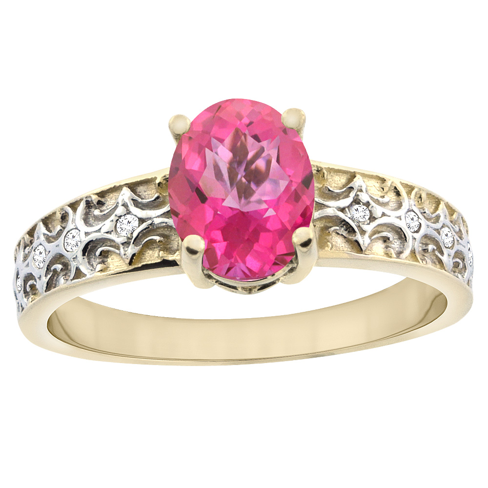 10K Yellow Gold Natural Pink Sapphire Ring Oval 8x6 mm Diamond Accents, sizes 5 - 10