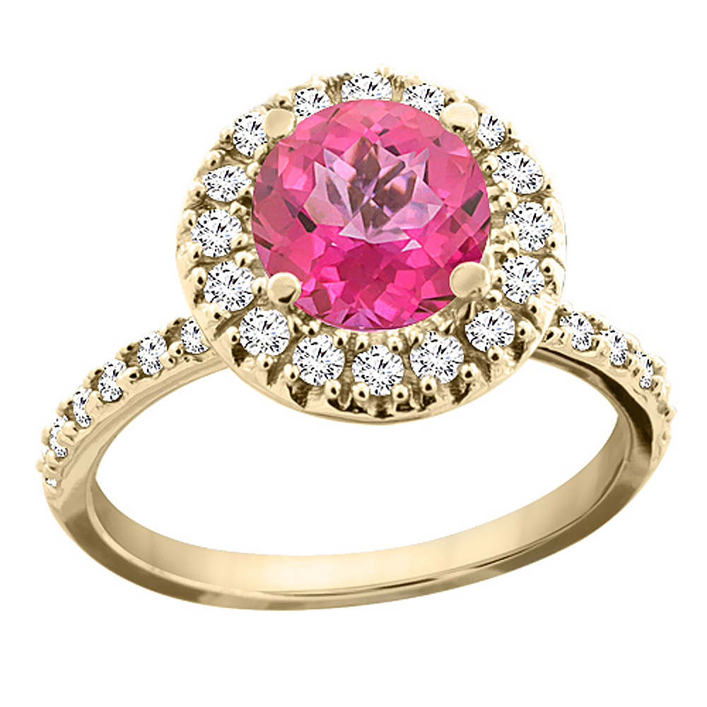 14K Yellow Gold Natural Pink Topaz Ring Round 8mm Floating Halo Diamond, sizes 5 - 10