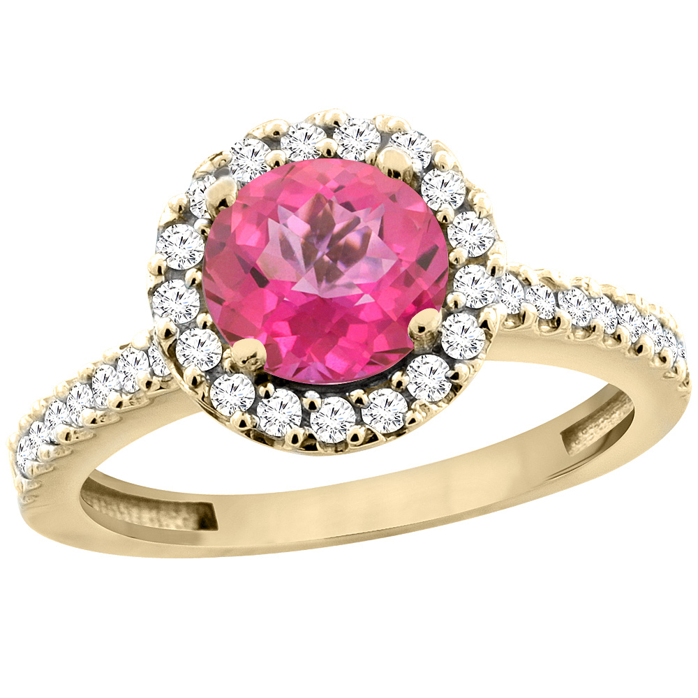 10K Yellow Gold Natural Pink Topaz Ring Round 6mm Floating Halo Diamond, sizes 5 - 10