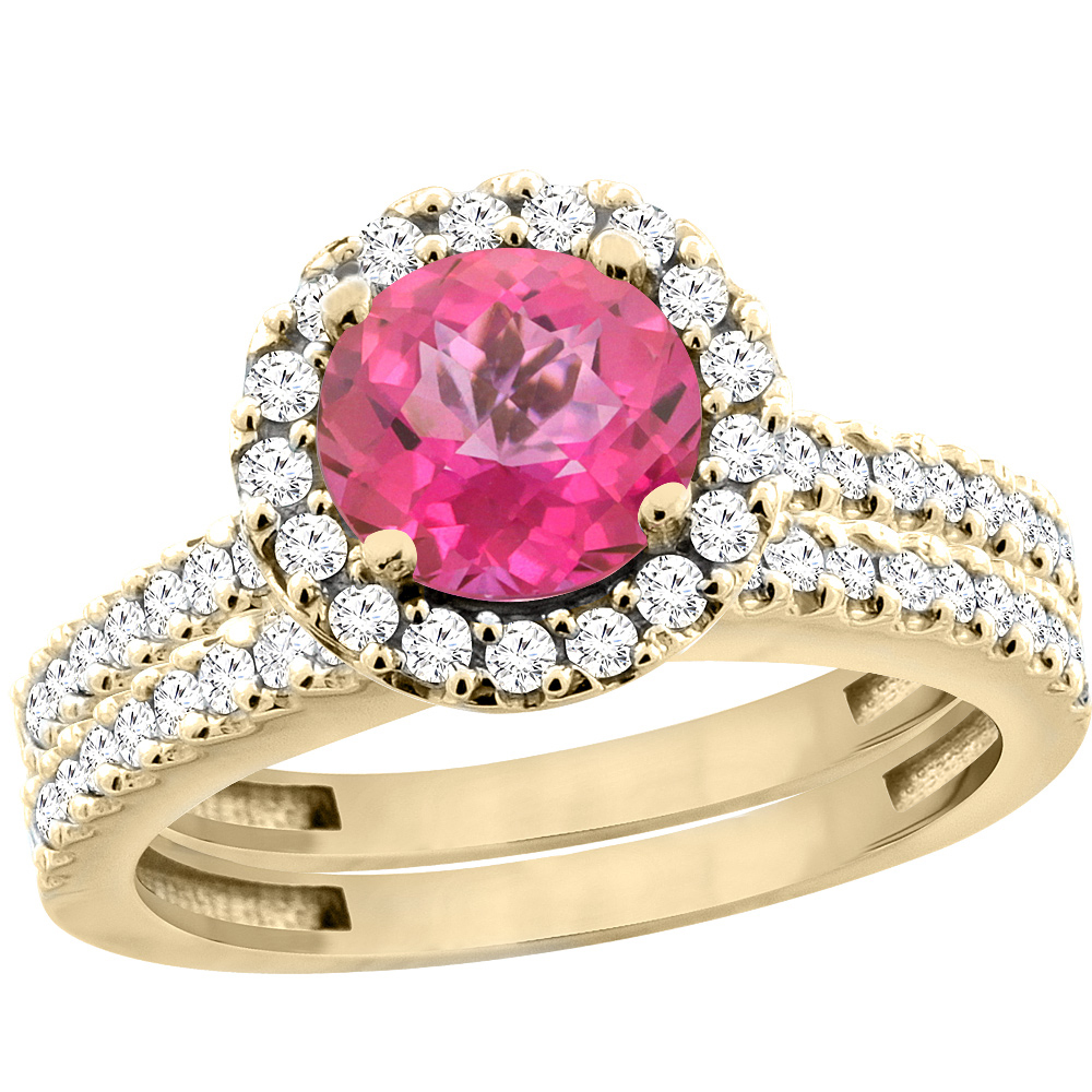 10K Yellow Gold Natural Pink Topaz Round 6mm 2-Piece Engagement Ring Set Floating Halo Diamond, sizes 5 - 10