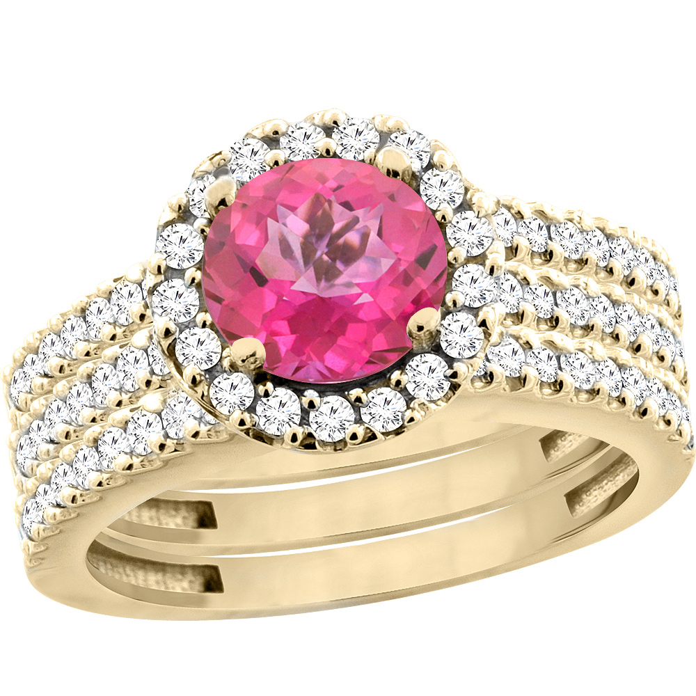 10K Yellow Gold Natural Pink Topaz 3-Piece Bridal Ring Set Round 6mm Halo Diamond, sizes 5 - 10