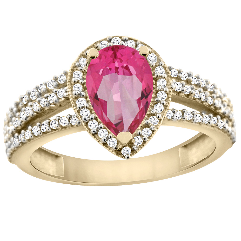 14K Yellow Gold Natural Pink Topaz Ring 9x7 Pear Halo Diamond, sizes 5 - 10