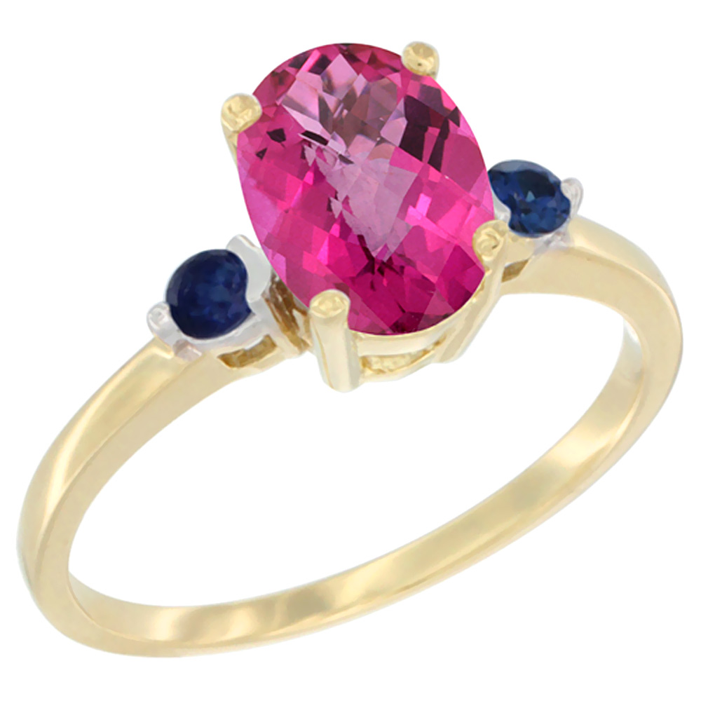 10K Yellow Gold Natural Pink Topaz Ring Oval 9x7 mm Blue Sapphire Accent, sizes 5 to 10