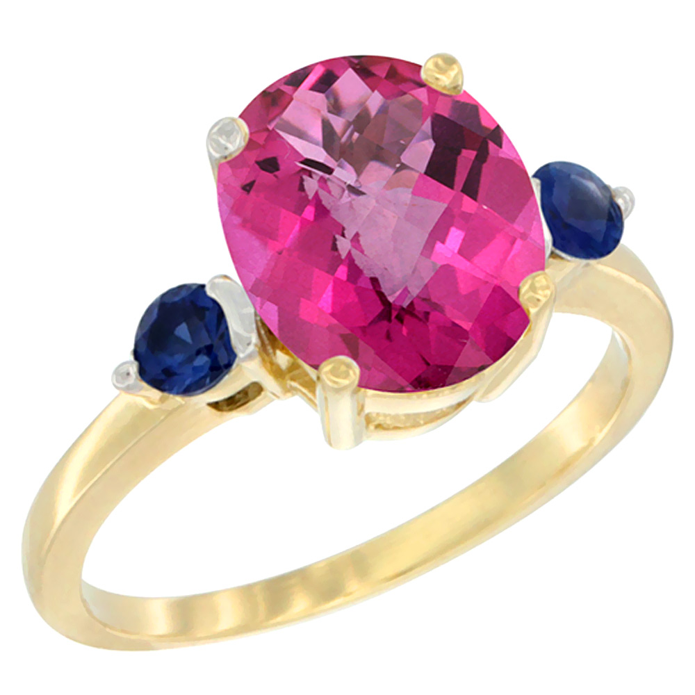 10K Yellow Gold 10x8mm Oval Natural Pink Topaz Ring for Women Blue Sapphire Side-stones sizes 5 - 10