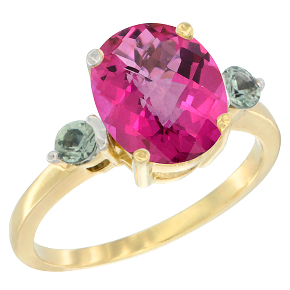 14K Yellow Gold 10x8mm Oval Natural Pink Topaz Ring for Women Green Sapphire Side-stones sizes 5 - 10