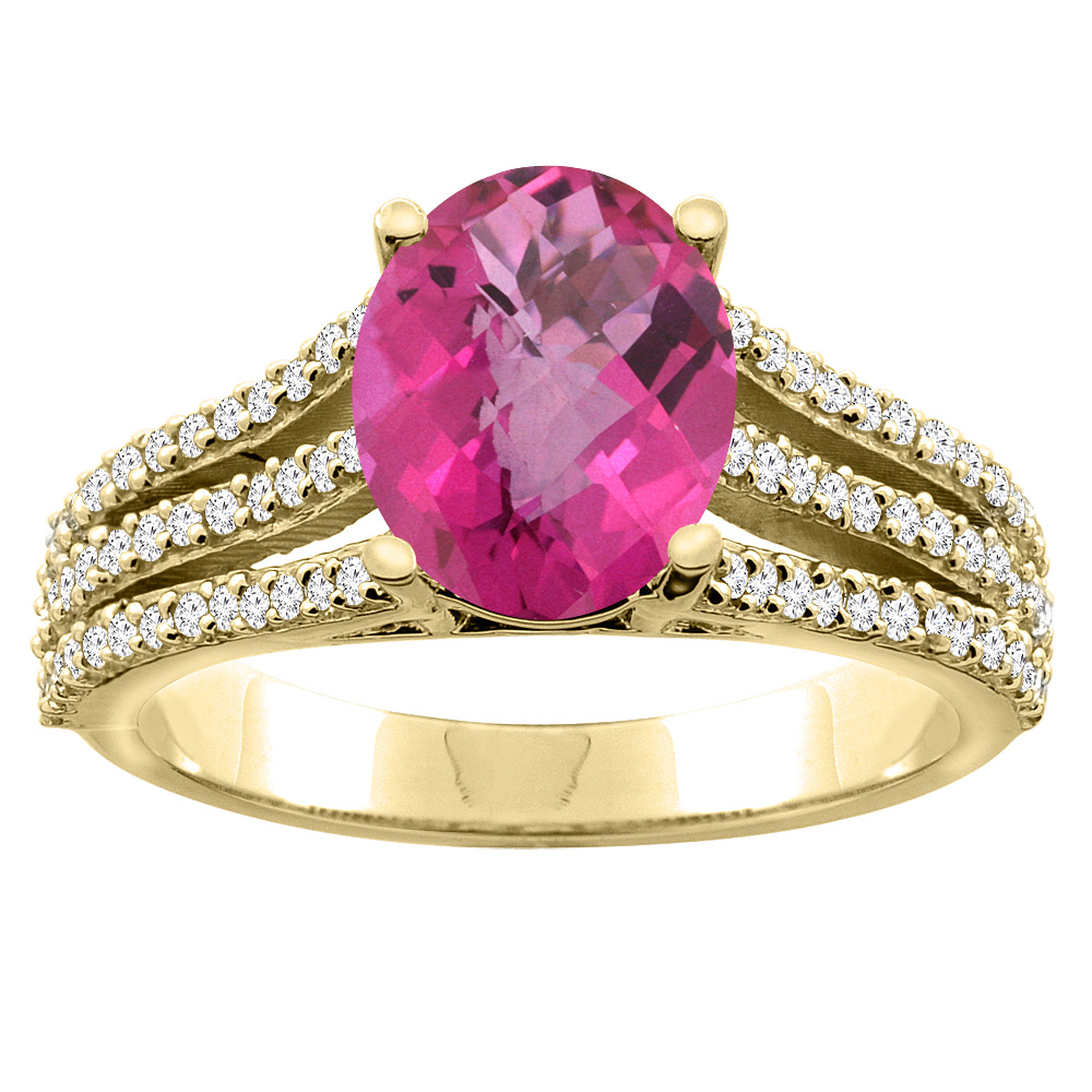 14K Yellow Gold Natural Pink Topaz Tri-split Ring Cushion-cut 8x6mm Diamond Accents 5/16 inch wide, sizes 5 - 10