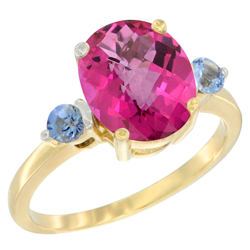 14K Yellow Gold 10x8mm Oval Natural Pink Topaz Ring for Women Light Blue Sapphire Side-stones sizes 5 - 10