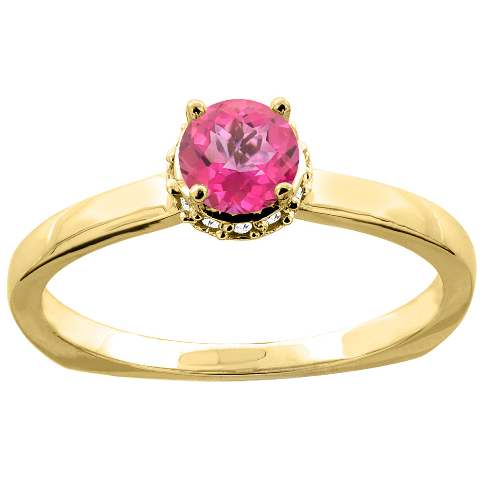 14K Yellow Gold Natural Pink Topaz Solitaire Engagement Ring Round 4mm Diamond Accents, size 10