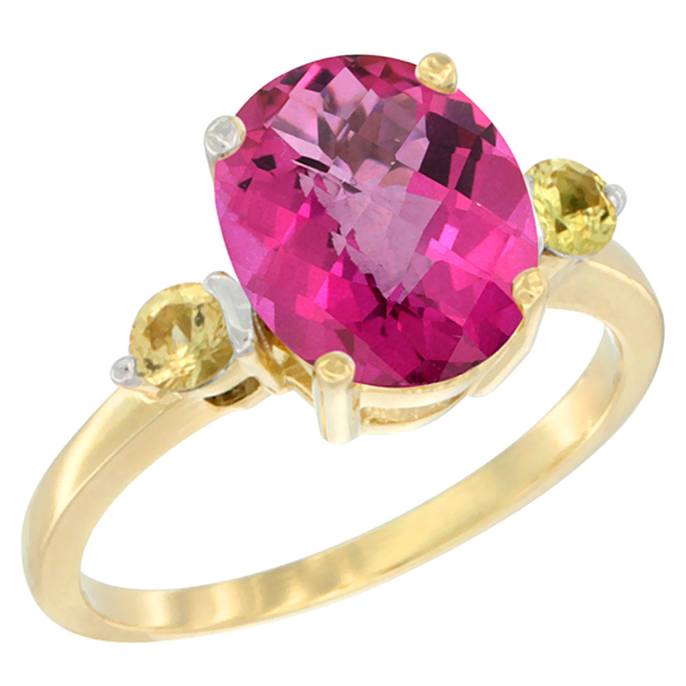 10K Yellow Gold 10x8mm Oval Natural Pink Topaz Ring for Women Yellow Sapphire Side-stones sizes 5 - 10