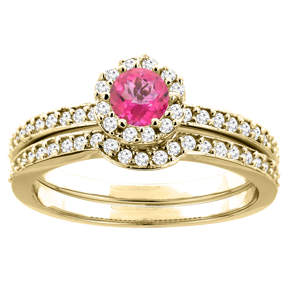 10K Yellow Gold Natural Pink Topaz 2-pc Bridal Ring Set Diamond Accent Round 4mm, sizes 5 - 10