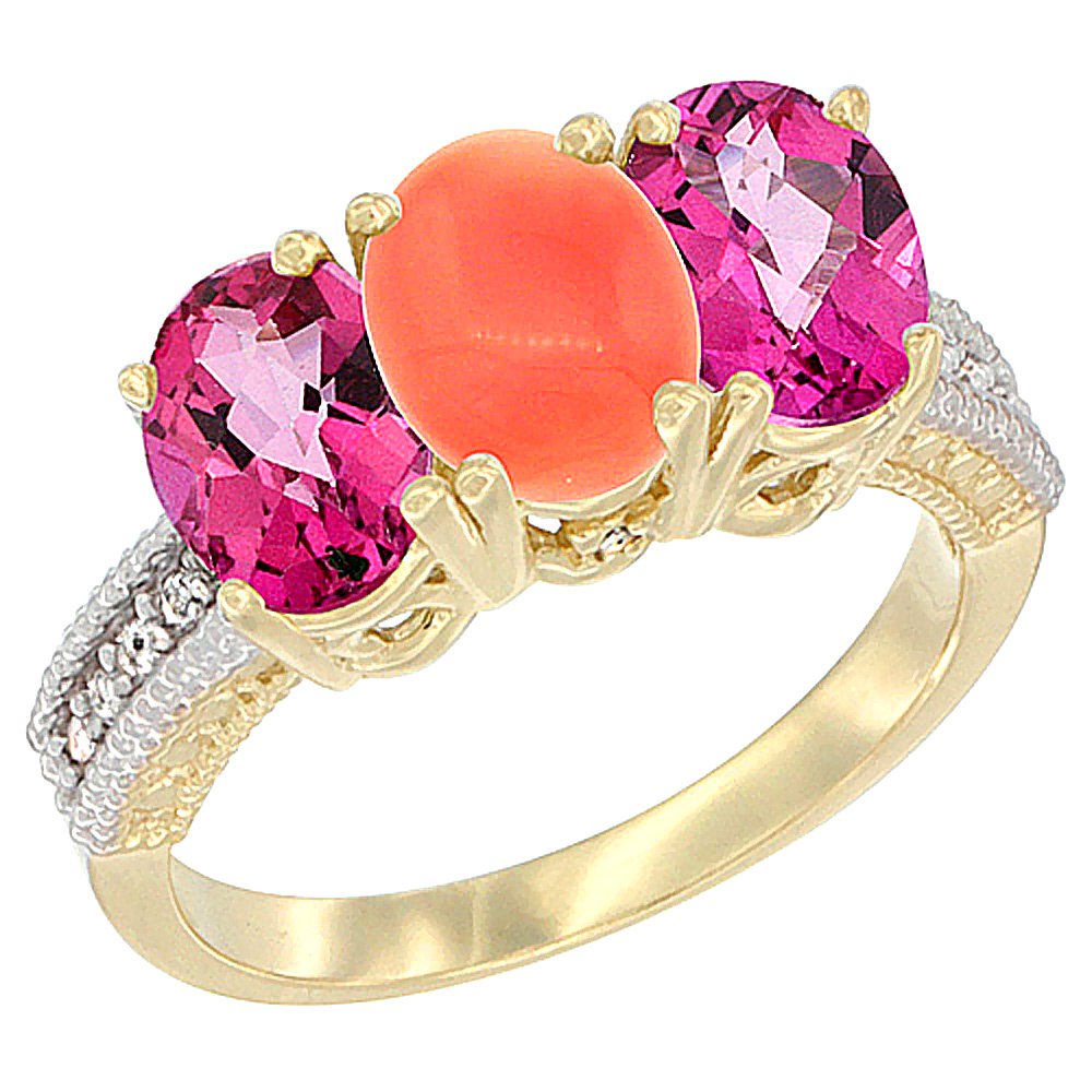 14K Yellow Gold Natural Coral &amp; Pink Topaz Ring 3-Stone 7x5 mm Oval Diamond Accent, sizes 5 - 10