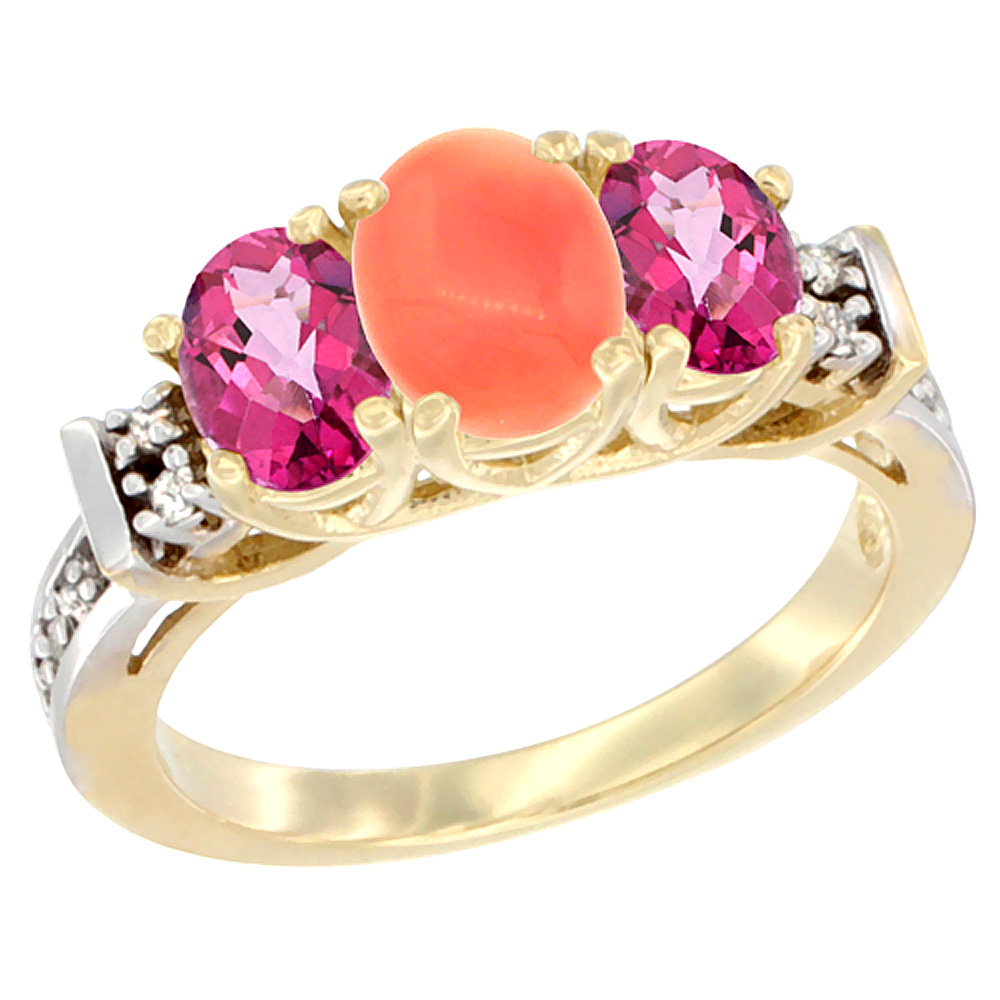 14K Yellow Gold Natural Coral &amp; Pink Topaz Ring 3-Stone Oval Diamond Accent