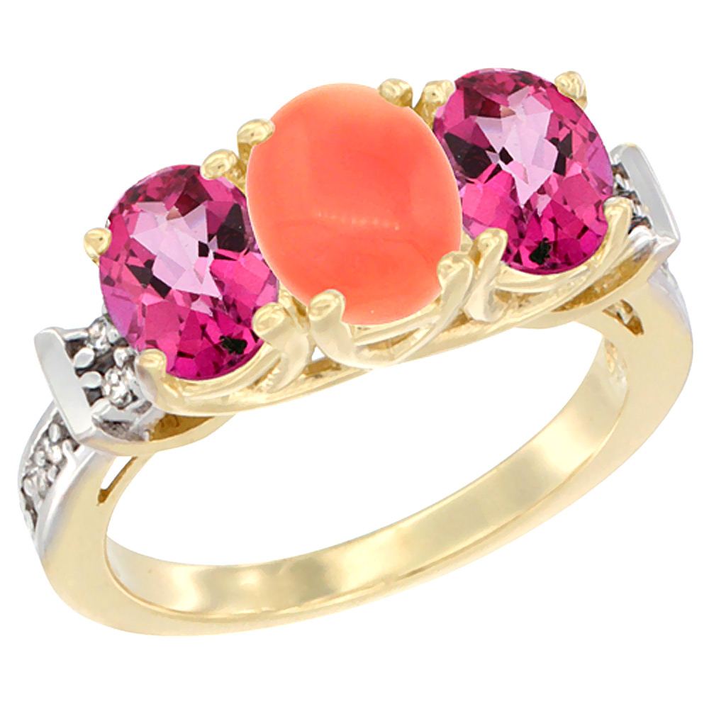 10K Yellow Gold Natural Coral &amp; Pink Topaz Sides Ring 3-Stone Oval Diamond Accent, sizes 5 - 10