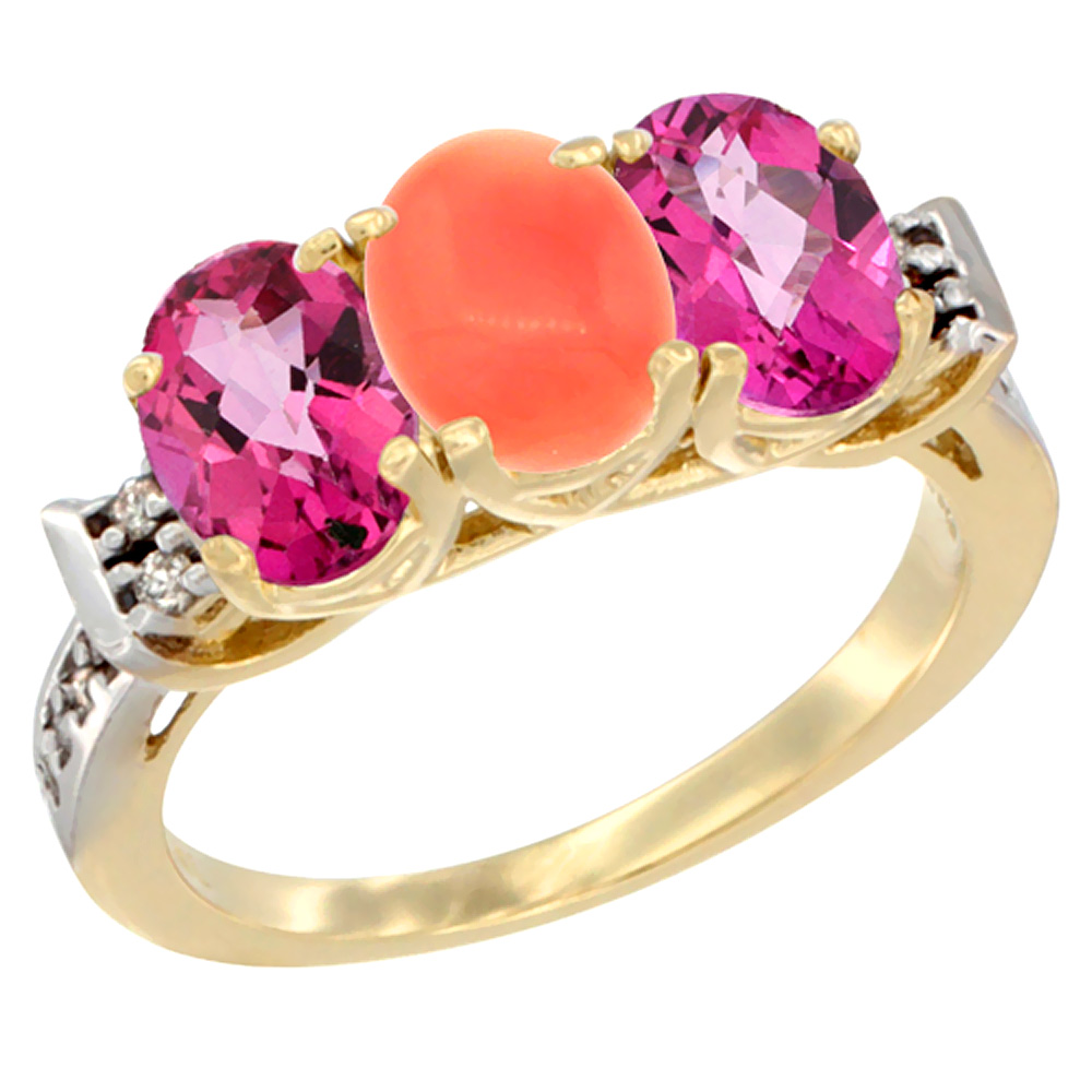 10K Yellow Gold Natural Coral & Pink Topaz Sides Ring 3-Stone Oval 7x5 mm Diamond Accent, sizes 5 - 10