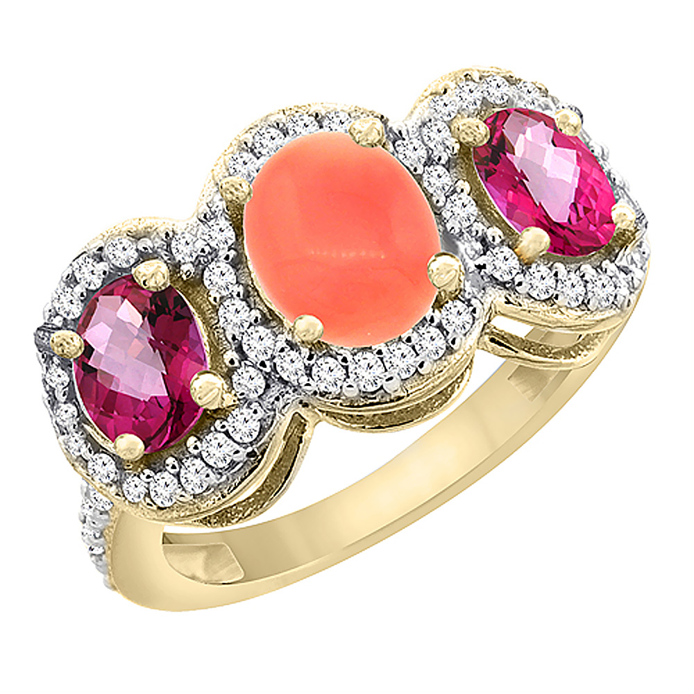 14K Yellow Gold Natural Coral & Pink Topaz 3-Stone Ring Oval Diamond Accent, sizes 5 - 10