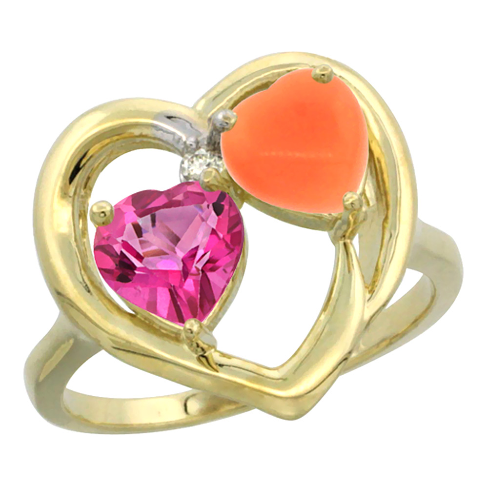 14K Yellow Gold Diamond Two-stone Heart Ring 6 mm Natural Pink Topaz &amp; Coral, sizes 5-10