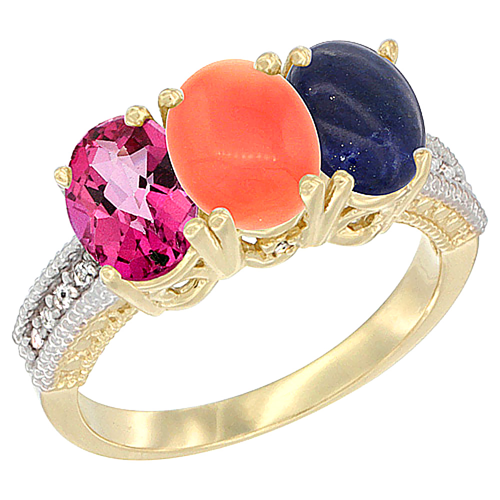 14K Yellow Gold Natural Pink Topaz, Coral & Lapis Ring 3-Stone 7x5 mm Oval Diamond Accent, sizes 5 - 10