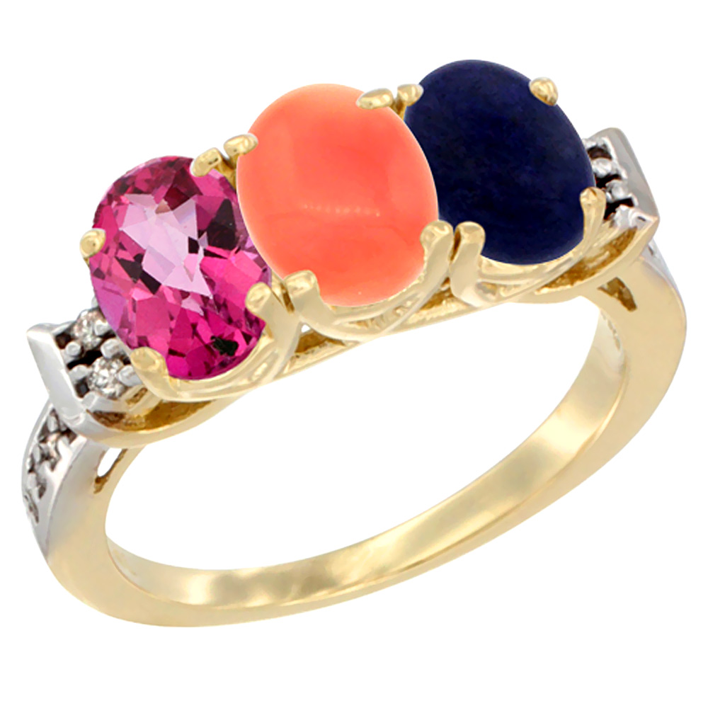 10K Yellow Gold Natural Pink Topaz, Coral & Lapis Ring 3-Stone Oval 7x5 mm Diamond Accent, sizes 5 - 10