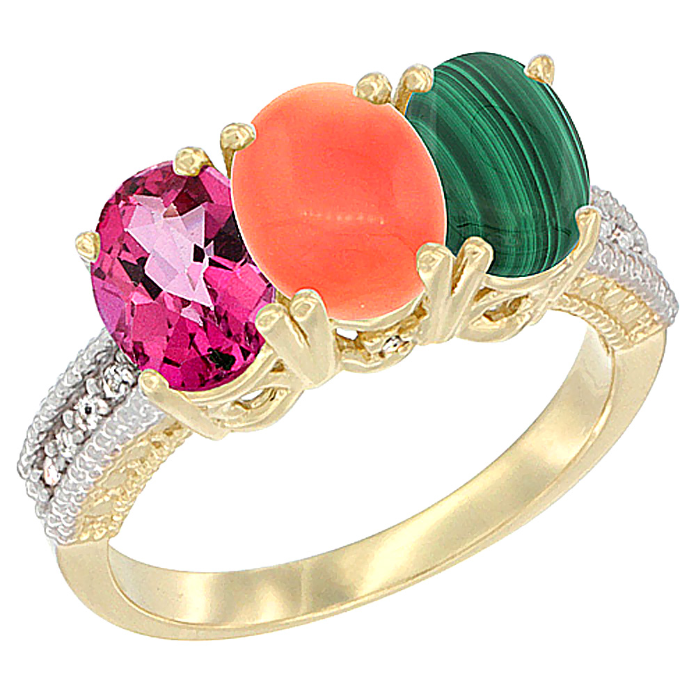 14K Yellow Gold Natural Pink Topaz, Coral & Malachite Ring 3-Stone 7x5 mm Oval Diamond Accent, sizes 5 - 10