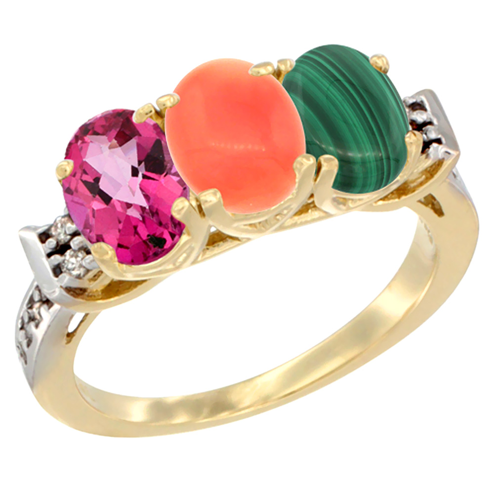 10K Yellow Gold Natural Pink Topaz, Coral &amp; Malachite Ring 3-Stone Oval 7x5 mm Diamond Accent, sizes 5 - 10