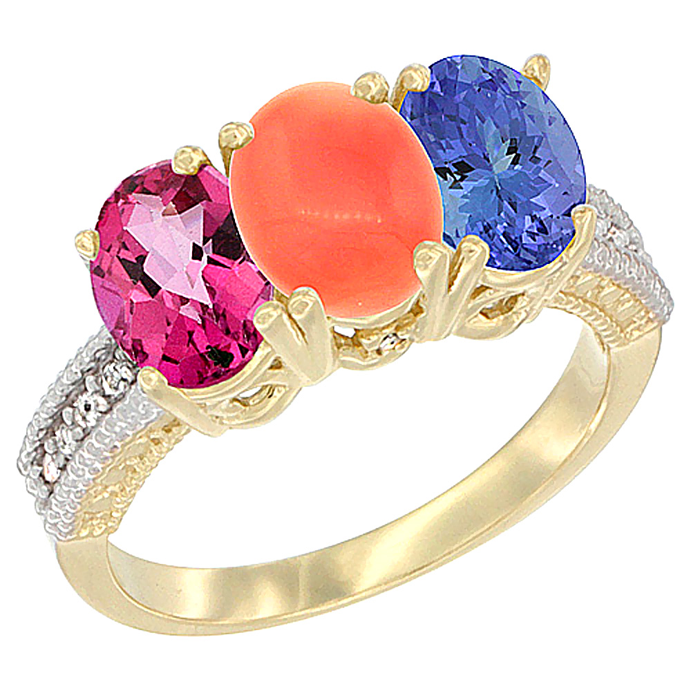 14K Yellow Gold Natural Pink Topaz, Coral & Tanzanite Ring 3-Stone 7x5 mm Oval Diamond Accent, sizes 5 - 10