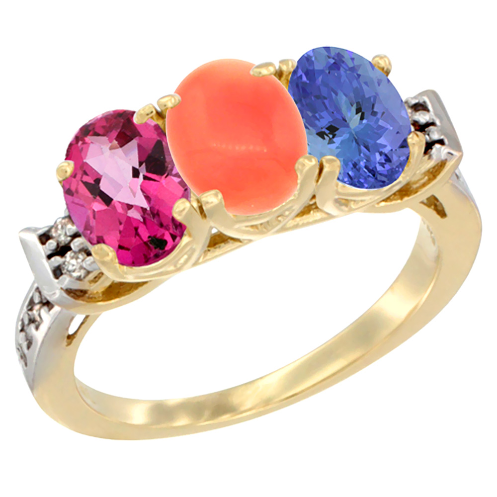 14K Yellow Gold Natural Pink Topaz, Coral & Tanzanite Ring 3-Stone Oval 7x5 mm Diamond Accent, sizes 5 - 10