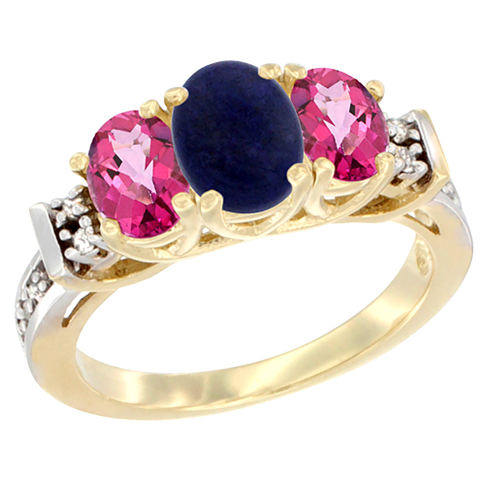 14K Yellow Gold Natural Lapis & Pink Topaz Ring 3-Stone Oval Diamond Accent