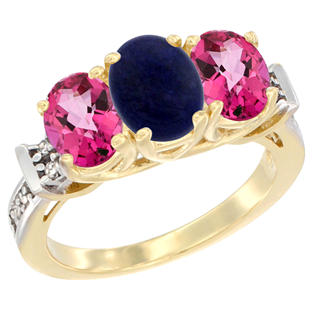 10K Yellow Gold Natural Lapis & Pink Topaz Sides Ring 3-Stone Oval Diamond Accent, sizes 5 - 10