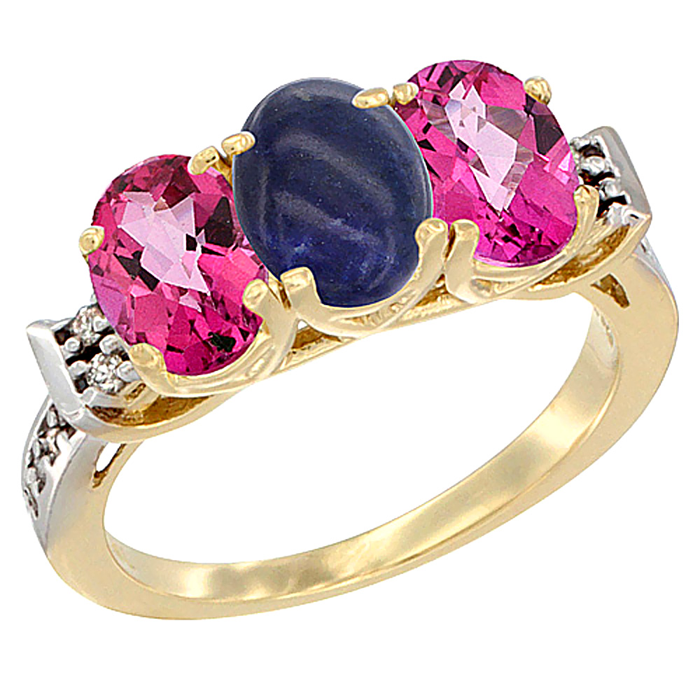 10K Yellow Gold Natural Lapis & Pink Topaz Sides Ring 3-Stone Oval 7x5 mm Diamond Accent, sizes 5 - 10
