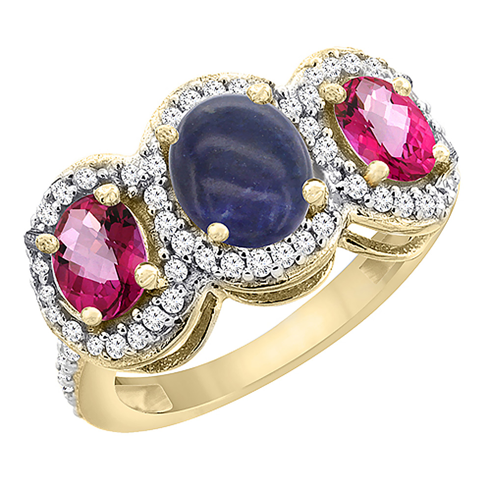 10K Yellow Gold Natural Lapis & Pink Topaz 3-Stone Ring Oval Diamond Accent, sizes 5 - 10