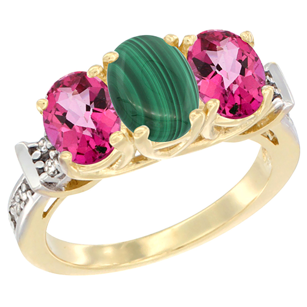 10K Yellow Gold Natural Malachite &amp; Pink Topaz Sides Ring 3-Stone Oval Diamond Accent, sizes 5 - 10