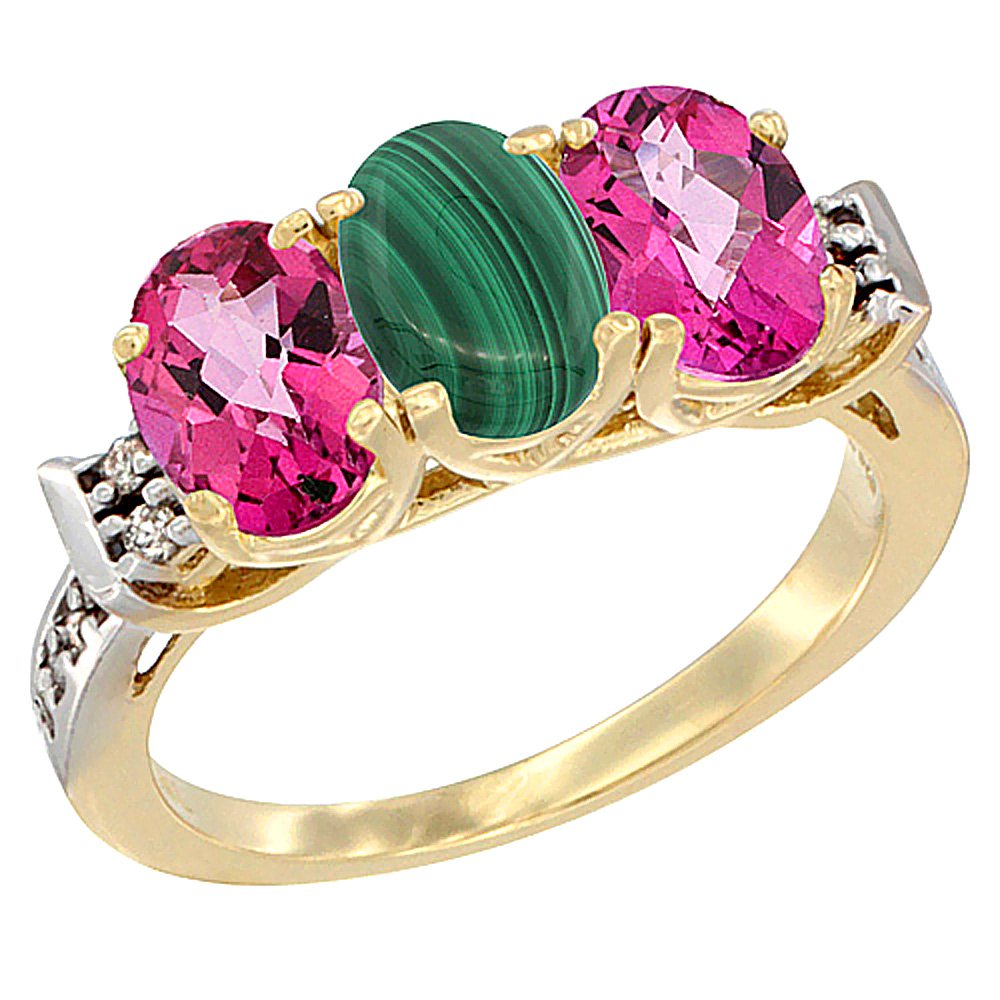 10K Yellow Gold Natural Malachite & Pink Topaz Sides Ring 3-Stone Oval 7x5 mm Diamond Accent, sizes 5 - 10