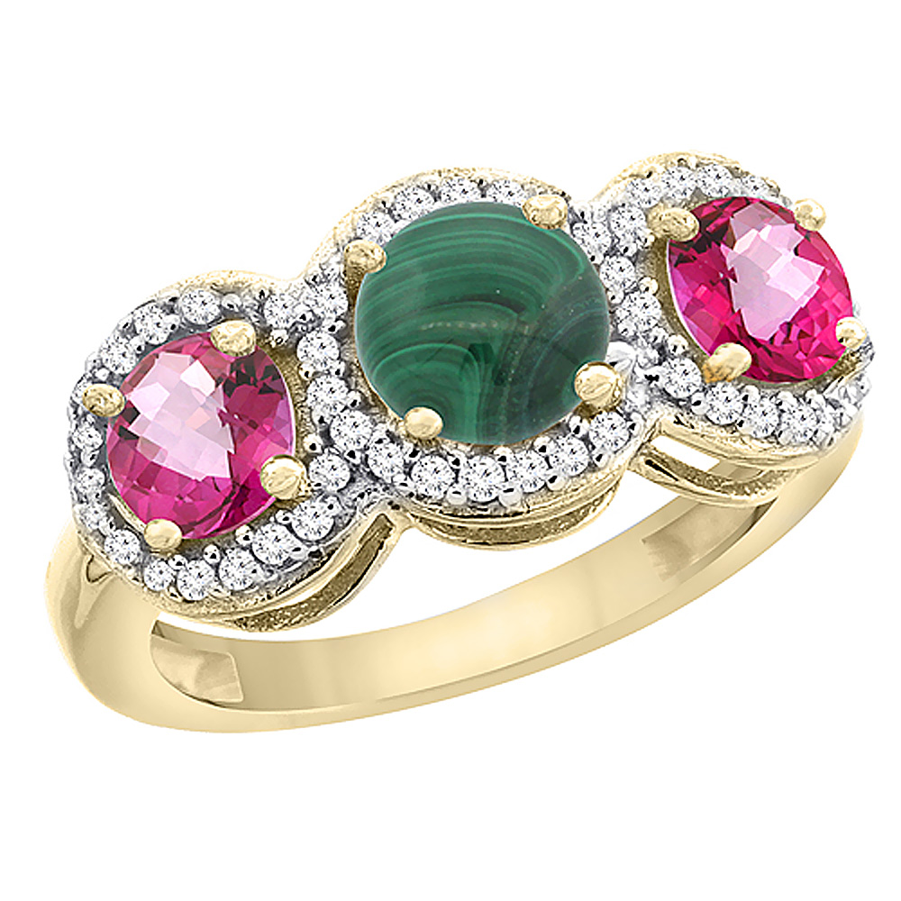 10K Yellow Gold Natural Malachite & Pink Topaz Sides Round 3-stone Ring Diamond Accents, sizes 5 - 10