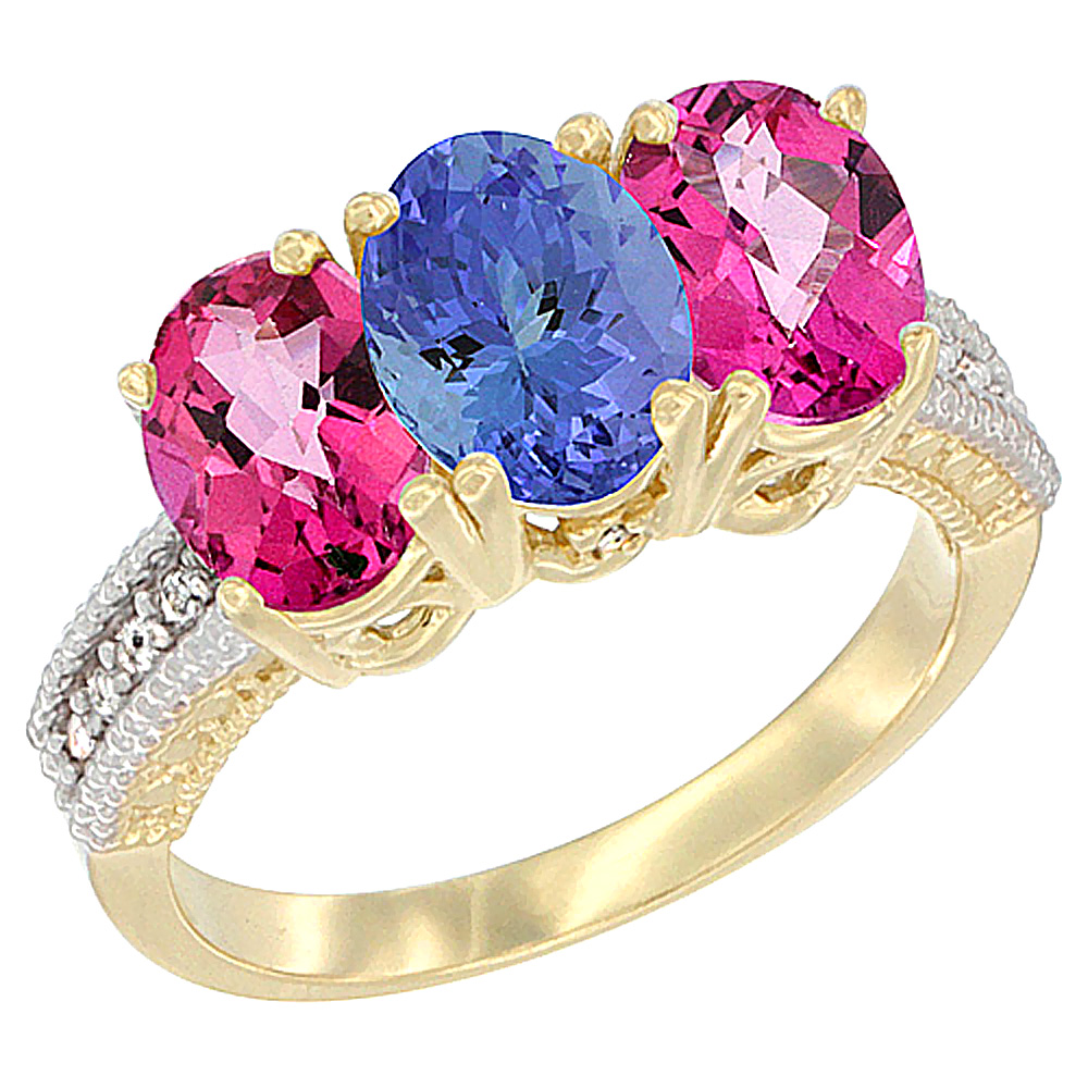 14K Yellow Gold Natural Tanzanite & Pink Topaz Ring 3-Stone 7x5 mm Oval Diamond Accent, sizes 5 - 10