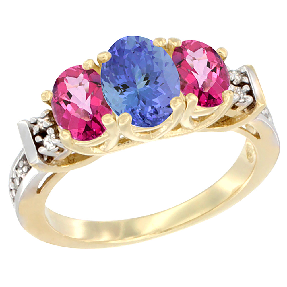 10K Yellow Gold Natural Tanzanite & Pink Topaz Ring 3-Stone Oval Diamond Accent