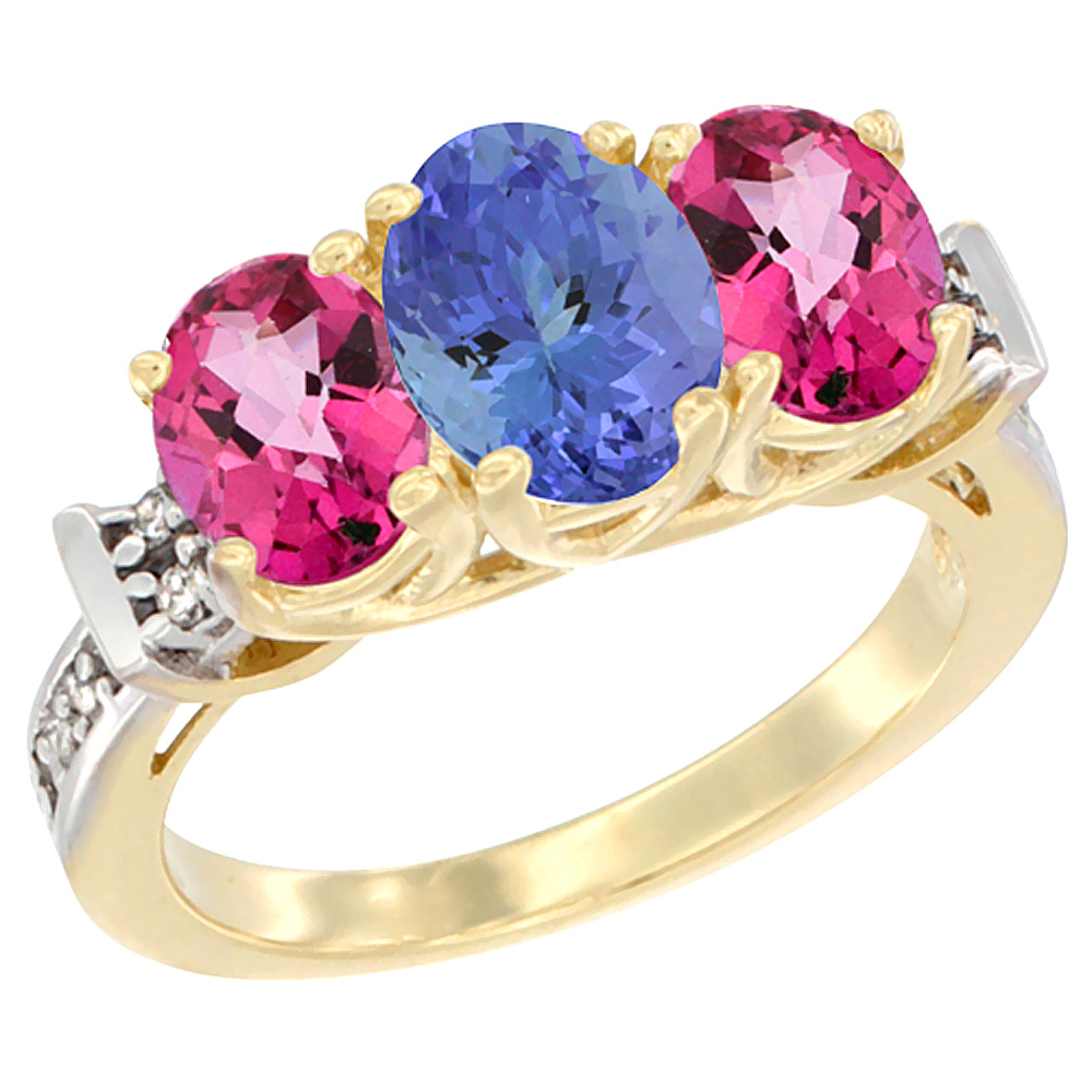 14K Yellow Gold Natural Tanzanite &amp; Pink Topaz Sides Ring 3-Stone Oval Diamond Accent, sizes 5 - 10