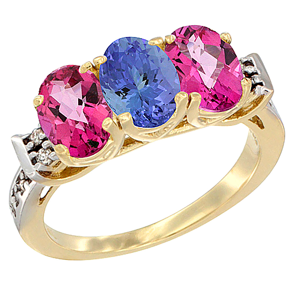 10K Yellow Gold Natural Tanzanite & Pink Topaz Sides Ring 3-Stone Oval 7x5 mm Diamond Accent, sizes 5 - 10