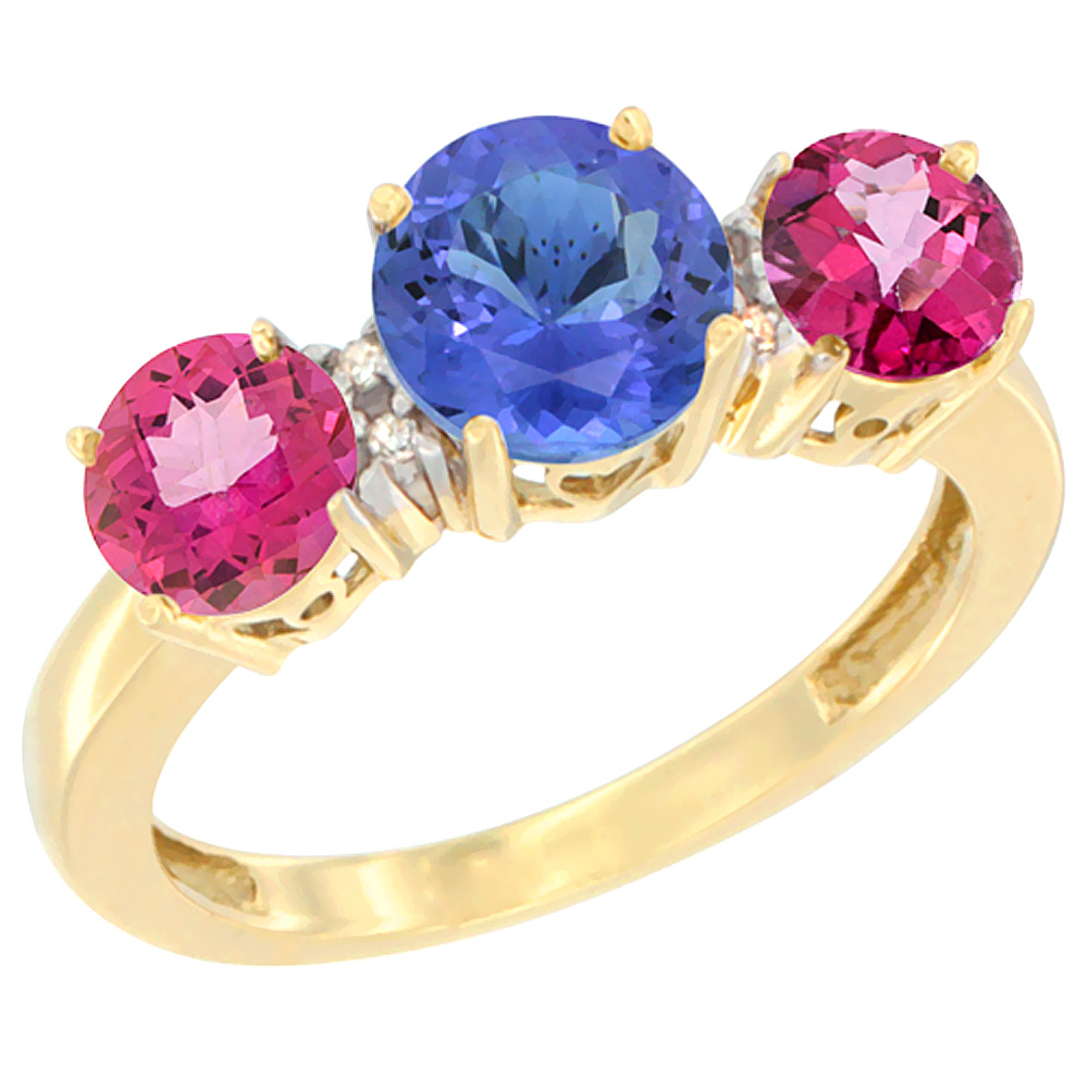 14K Yellow Gold Round 3-Stone Natural Tanzanite Ring &amp; Pink Topaz Sides Diamond Accent, sizes 5 - 10