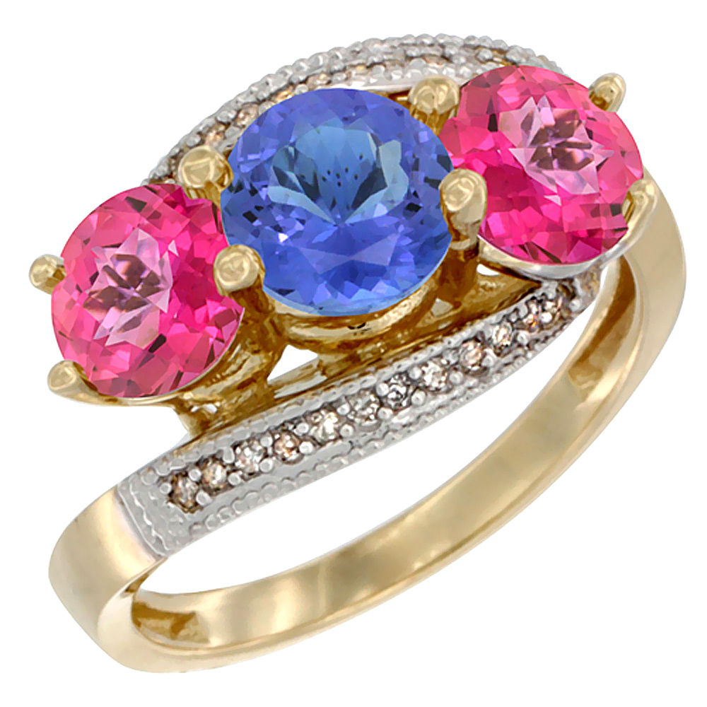 10K Yellow Gold Natural Tanzanite & Pink Topaz Sides 3 stone Ring Round 6mm Diamond Accent, sizes 5 - 10