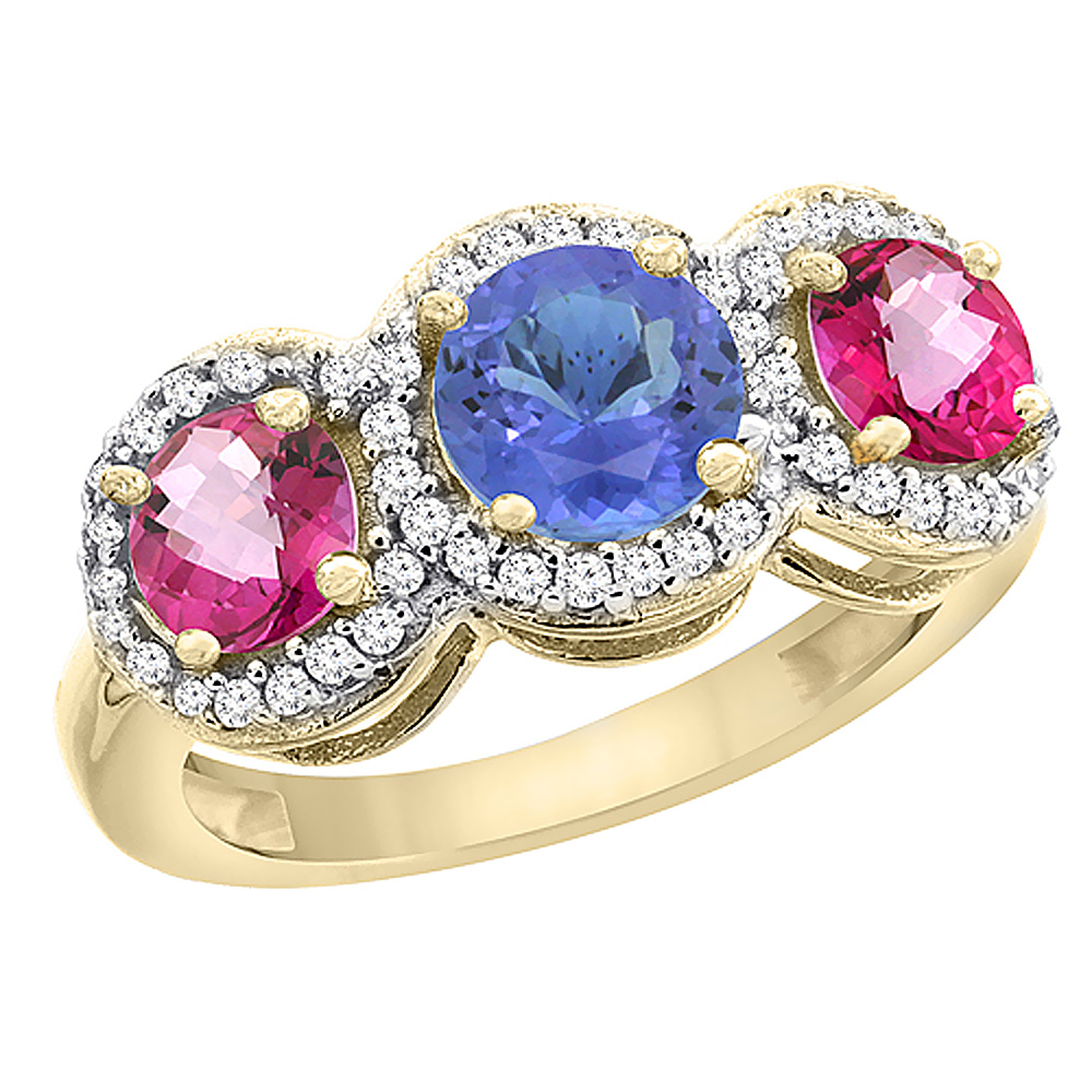 10K Yellow Gold Natural Tanzanite & Pink Topaz Sides Round 3-stone Ring Diamond Accents, sizes 5 - 10