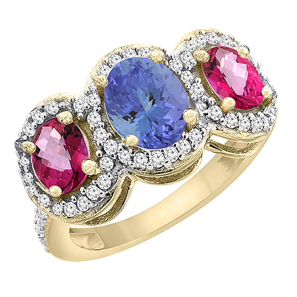14K Yellow Gold Natural Tanzanite &amp; Pink Topaz 3-Stone Ring Oval Diamond Accent, sizes 5 - 10