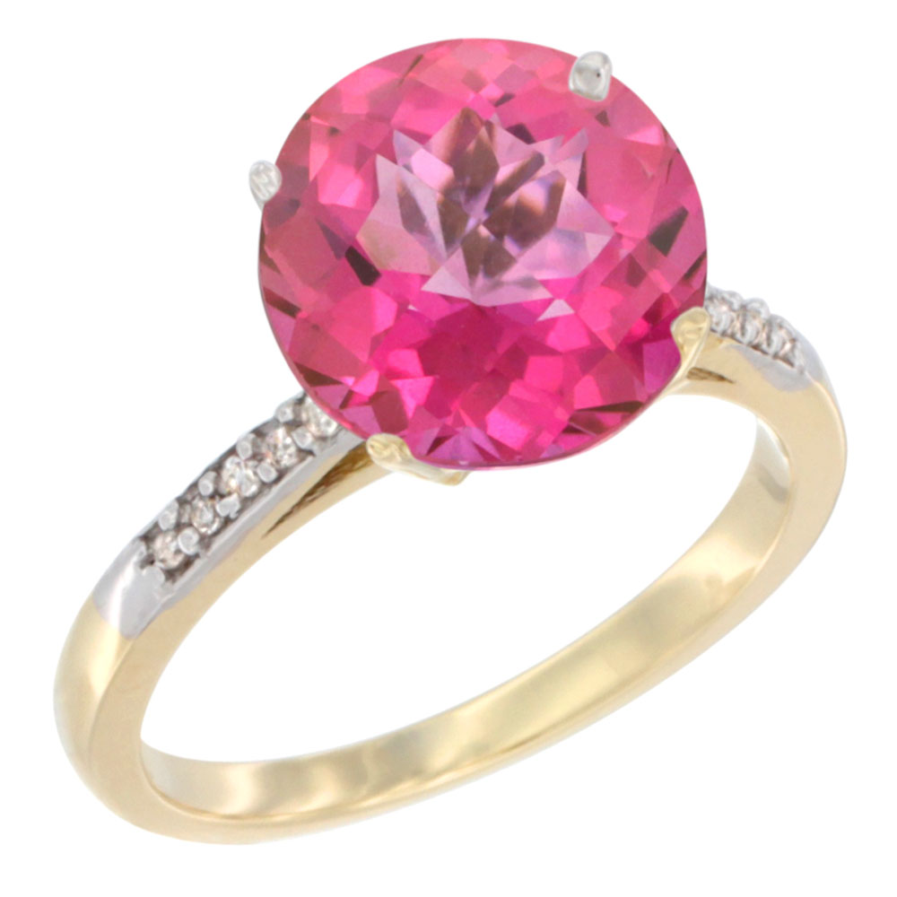 10K Yellow Gold Natural Pink Topaz Ring Round 10mm Diamond accent, sizes 5 - 10