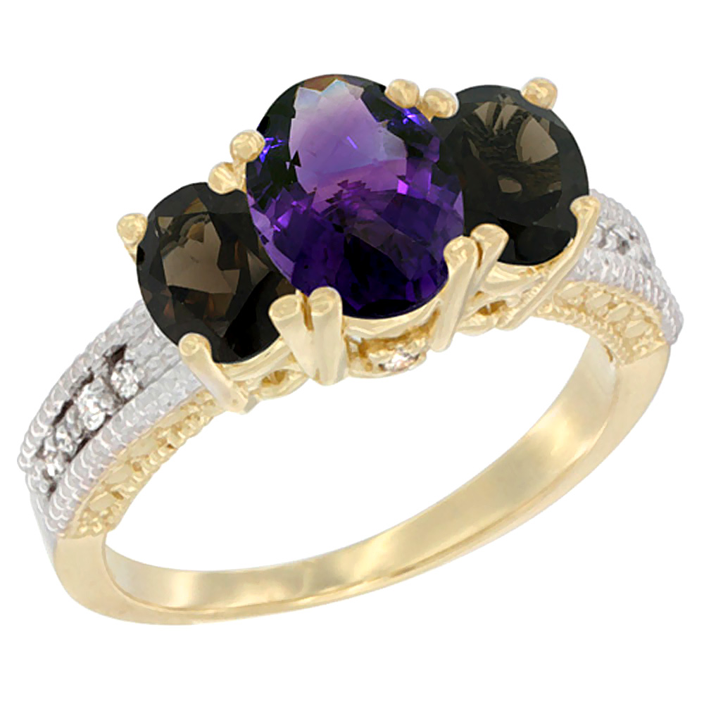 14K Yellow Gold Diamond Natural Amethyst Ring Oval 3-stone with Smoky Topaz, sizes 5 - 10