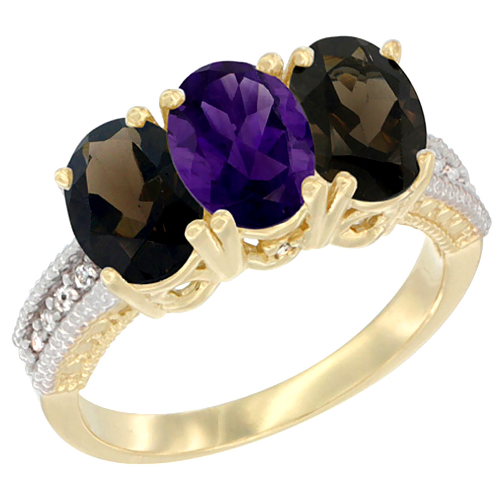 14K Yellow Gold Natural Amethyst & Smoky Topaz Ring 3-Stone 7x5 mm Oval Diamond Accent, sizes 5 - 10