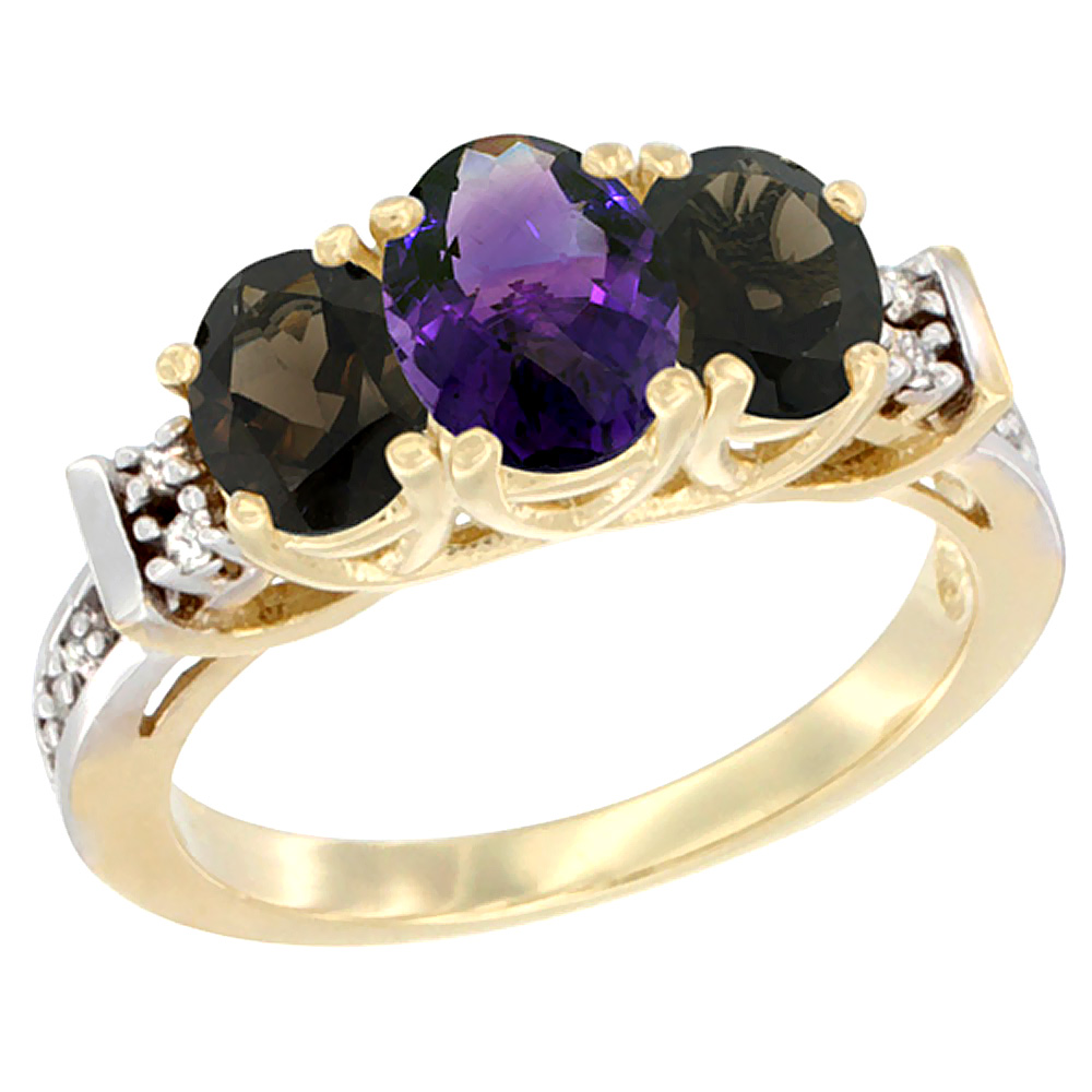 14K Yellow Gold Natural Amethyst & Smoky Topaz Ring 3-Stone Oval Diamond Accent