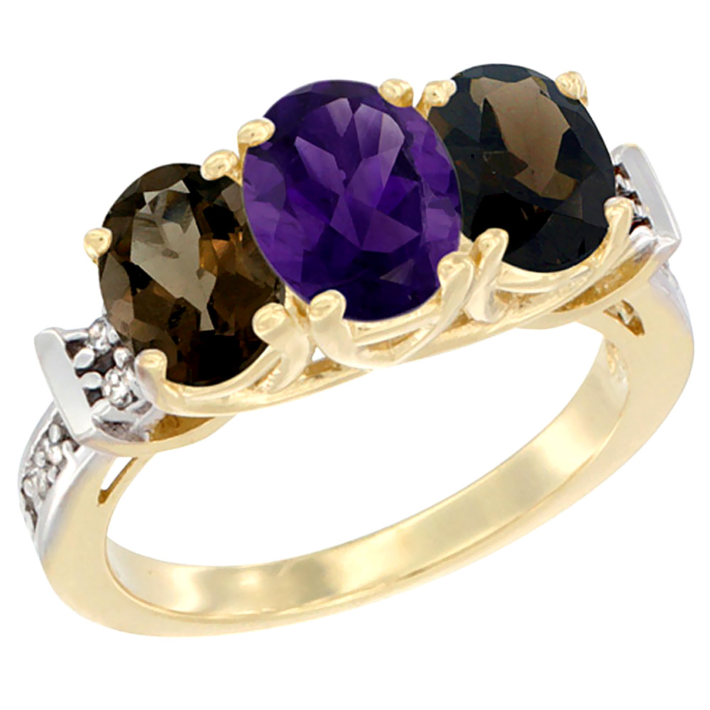 14K Yellow Gold Natural Amethyst &amp; Smoky Topaz Sides Ring 3-Stone Oval Diamond Accent, sizes 5 - 10