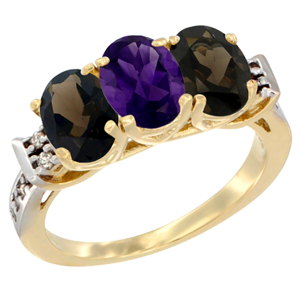 10K Yellow Gold Natural Amethyst & Smoky Topaz Sides Ring 3-Stone Oval 7x5 mm Diamond Accent, sizes 5 - 10