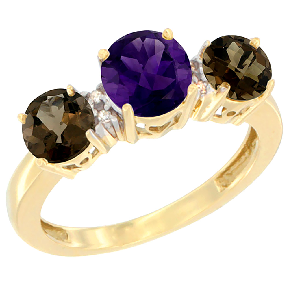 14K Yellow Gold Round 3-Stone Natural Amethyst Ring &amp; Smoky Topaz Sides Diamond Accent, sizes 5 - 10