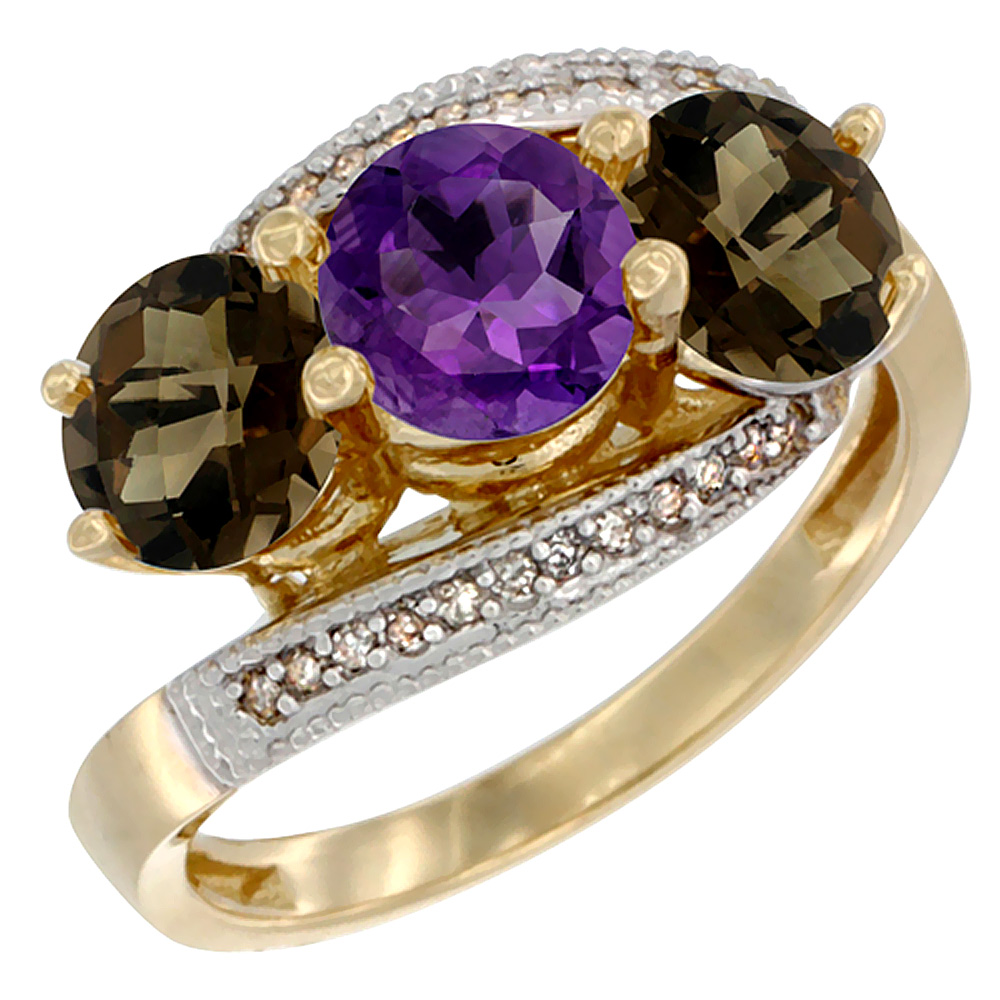 10K Yellow Gold Natural Amethyst & Smoky Topaz Sides 3 stone Ring Round 6mm Diamond Accent, sizes 5 - 10
