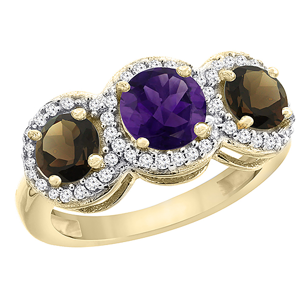 10K Yellow Gold Natural Amethyst & Smoky Topaz Sides Round 3-stone Ring Diamond Accents, sizes 5 - 10